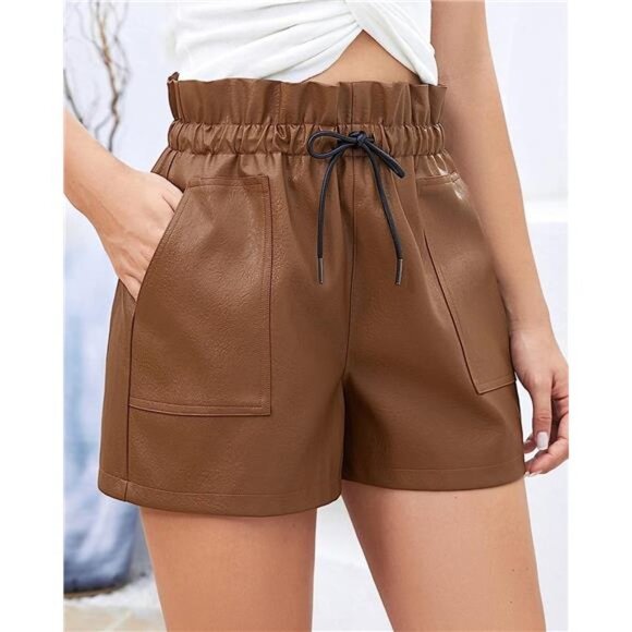 Brown color Faux High Waisted Wide Leg Sexy Shorts - Picture 2 of 6
